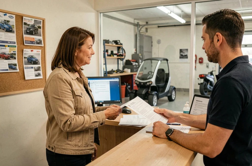 Cliente discutant de l'entretien de sa voiture sans permis avec un conseiller dans un garage spécialisé