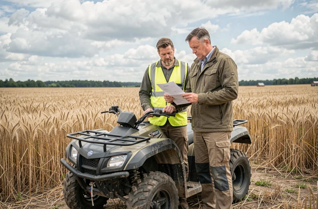 Deux hommes comparant un devis d'assurance quad dans un champ agricole à côté du véhicule