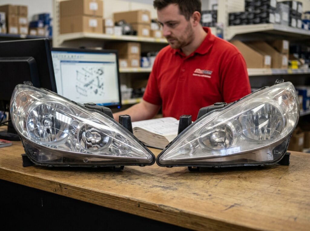 Comparaison entre un phare avant Peugeot 207 d'origine et une pièce de remplacement compatible sur un comptoir de pièces détachées