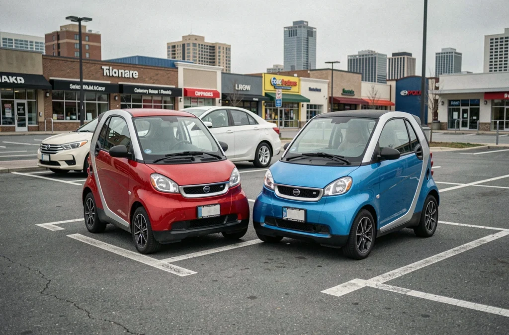 Deux petites voitures sans permis électriques rouge et bleue côte à côte dans un parking urbain