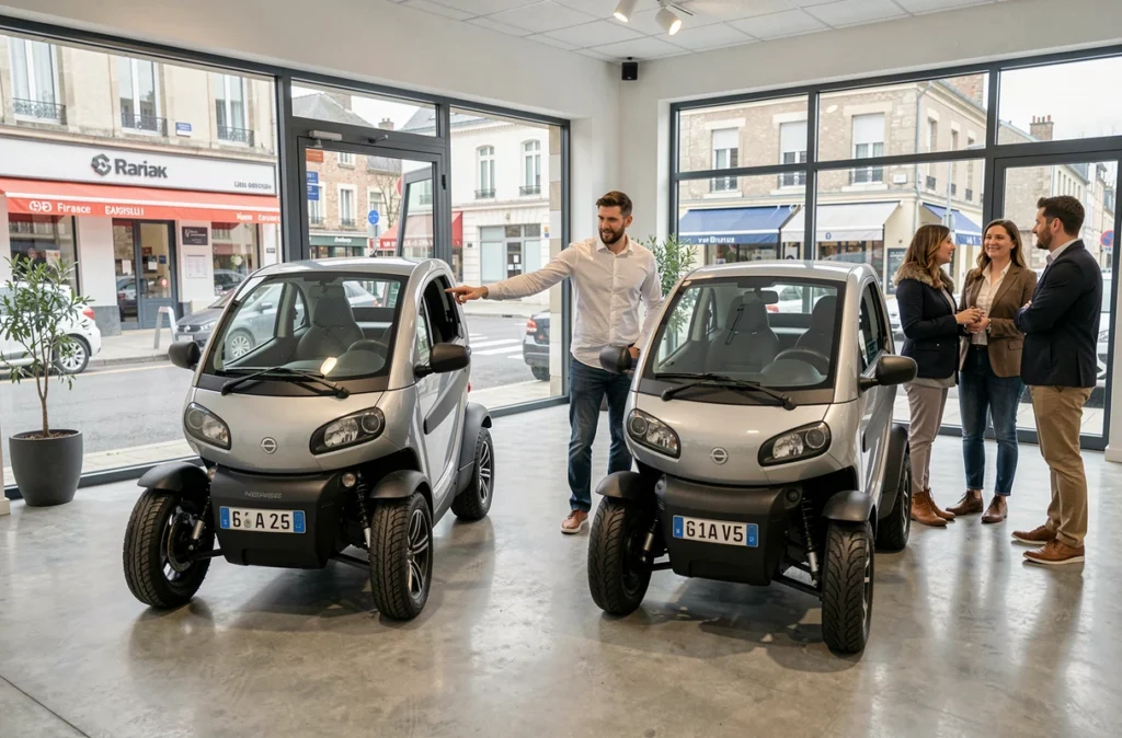 Concessionnaire de voitures sans permis à Orange présentant des modèles à des clients