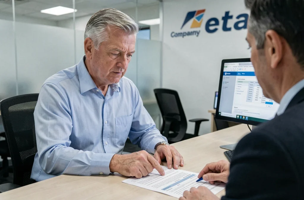 Client discutant d'un motif de résiliation d'assurance voiture avec un conseiller en agence