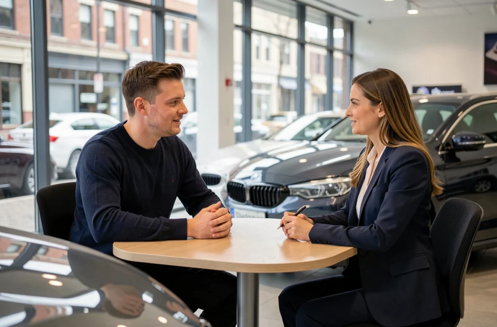Jeune homme discutant d'une assurance auto avec une conseillère dans une concession automobile