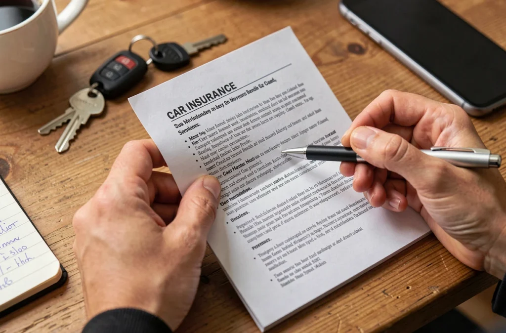 Gros plan sur un contrat d'assurance voiture avec des clés et un téléphone posés sur une table