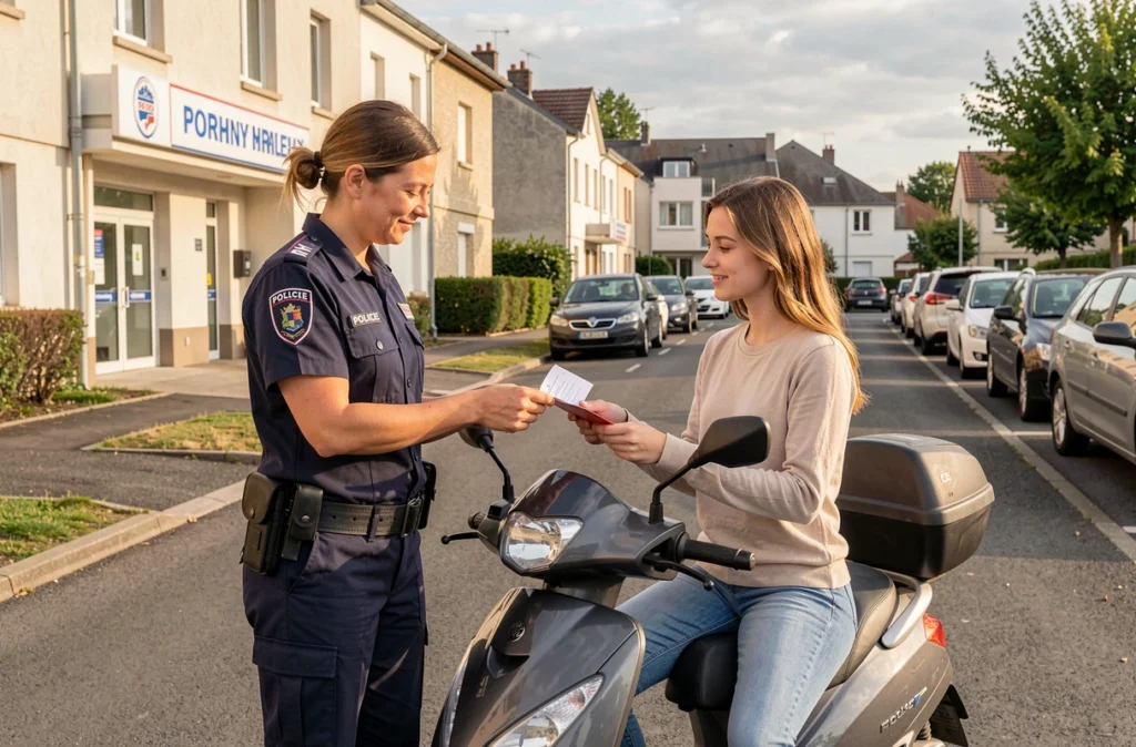 Policière municipale vérifiant le porte-assurance d'une conductrice de scooter lors d'un contrôle routier