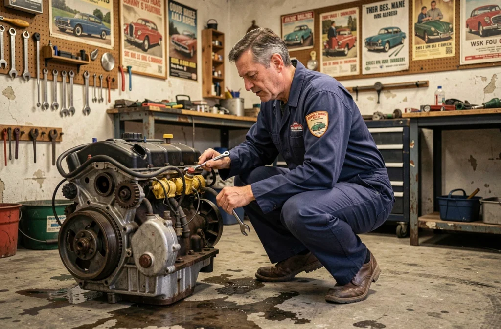 Mécanicien de Cottrez Mécanique à Busnes inspectant un moteur dans son atelier