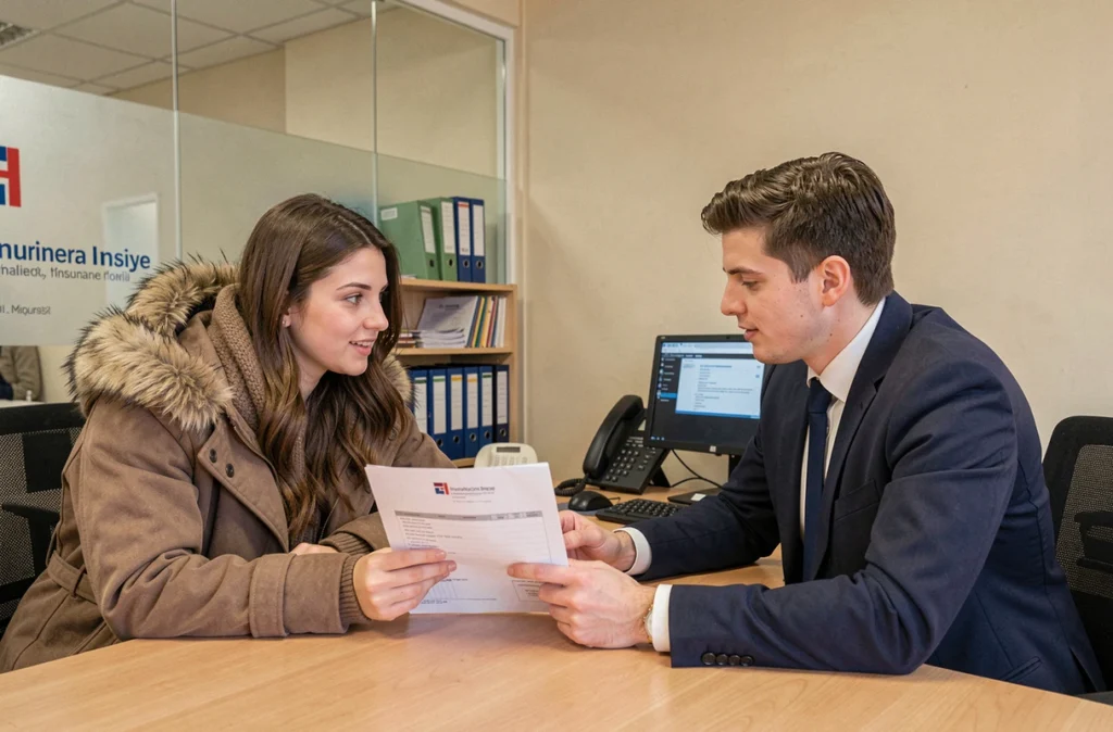 Couple en rendez-vous avec un conseiller en assurance auto dans une agence