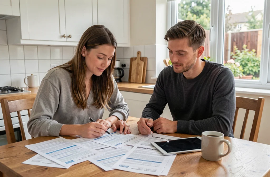 Couple comparant des devis d'assurance auto à la table de leur cuisine
