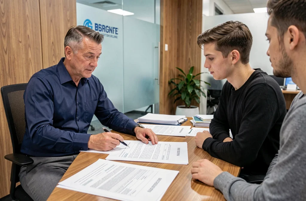 Courtier en assurance expliquant les options d'assurance scooter sans BSR à un jeune client dans un bureau