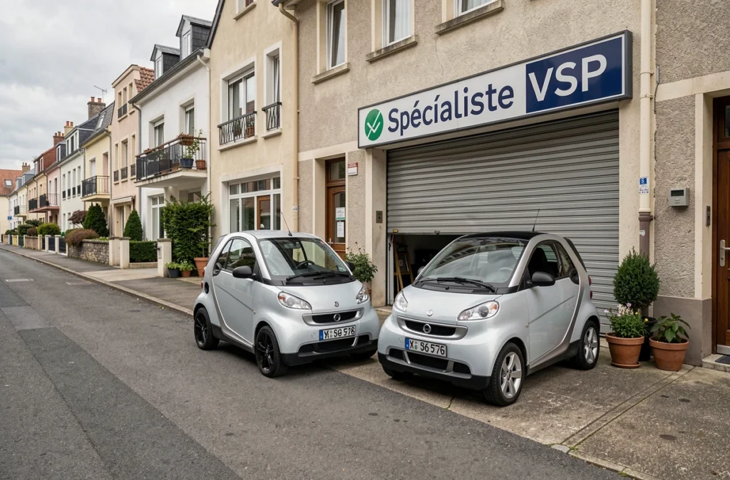 Devanture d'un garage spécialisé en voitures sans permis avec des véhicules garés devant