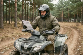 Motard en équipement complet consulte un devis d'assurance quad sur un chemin forestier