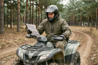 Motard en équipement complet consulte un devis d'assurance quad sur un chemin forestier