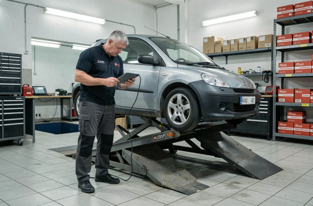 Technicien effectuant un diagnostic électronique sur une voiture sans permis soulevée sur un pont élévateur