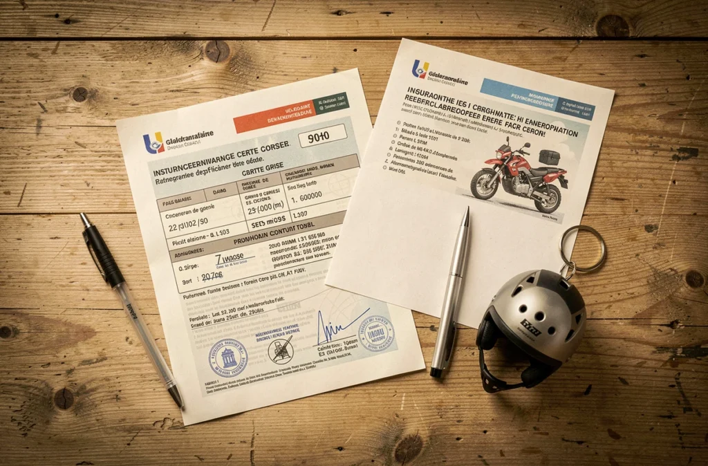 Documents administratifs d'assurance et carte grise pour un quad homologué route posés sur un bureau en bois