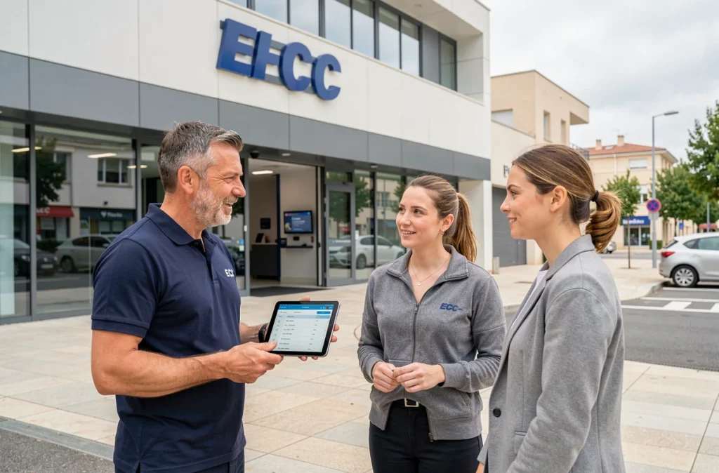 Instructeur ECF Pro et GP Montpellier devant le centre de formation avec deux élèves adultes