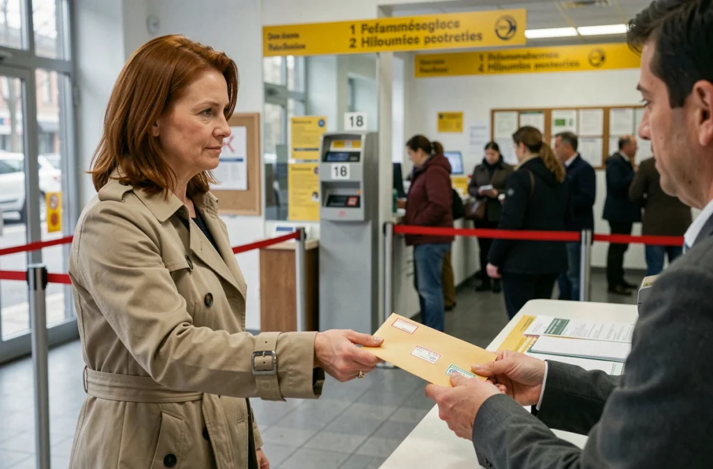 Femme envoyant une lettre de rétractation d'assurance auto en recommandé à la poste