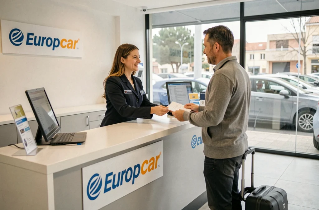 Agent Europcar remettant des documents à un client à l'agence de Montpellier