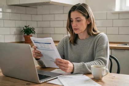 Femme comparant des offres d'assurance auto sur un ordinateur portable à la maison