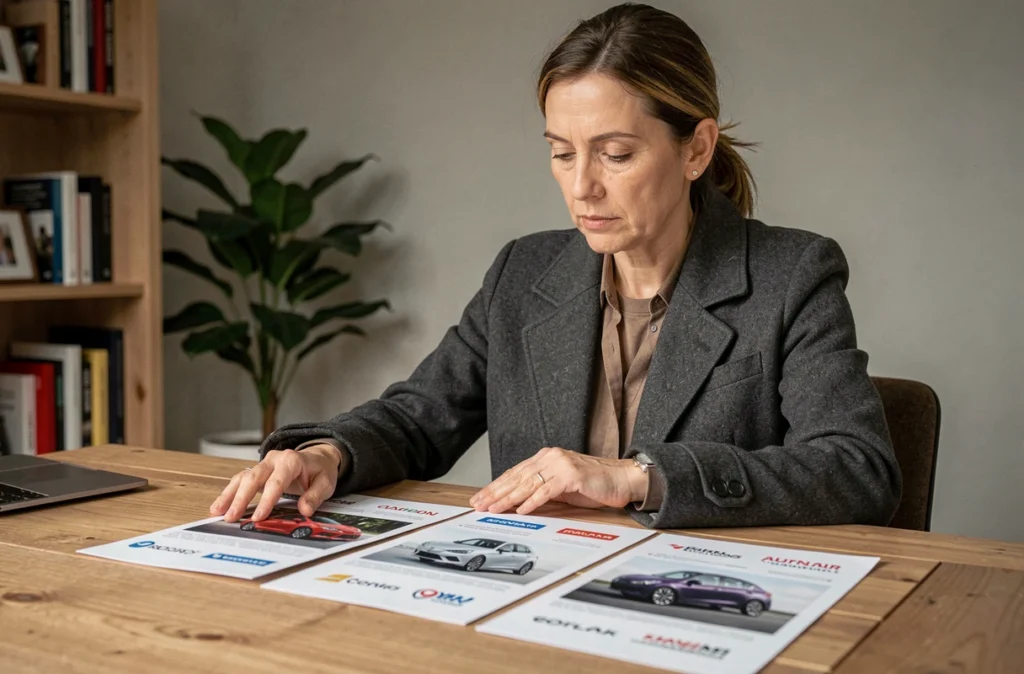 Femme comparant des brochures de marques automobiles avec logos pour un achat de voiture