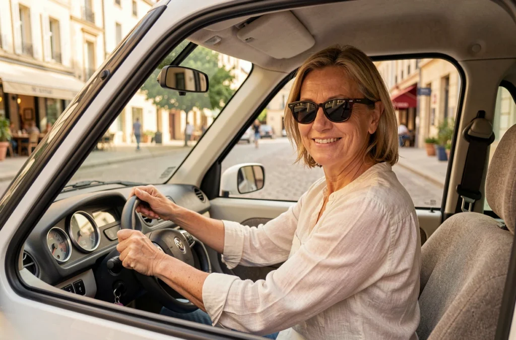 Femme conduisant une voiture sans permis en ville avec le sourire