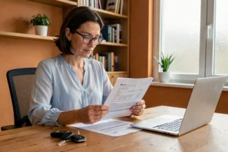 Femme consultant un contrat d'assurance auto à son bureau à domicile avec ses clés de voiture