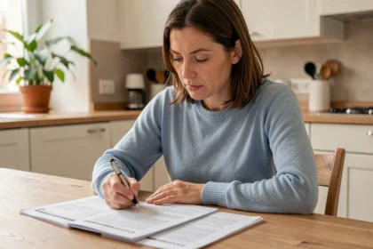 Femme consultant les documents de son assurance auto à la maison, comparant les prix et les offres disponibles