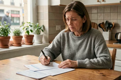 Femme consultant ses documents d'assurance voiture à la maison pendant un confinement