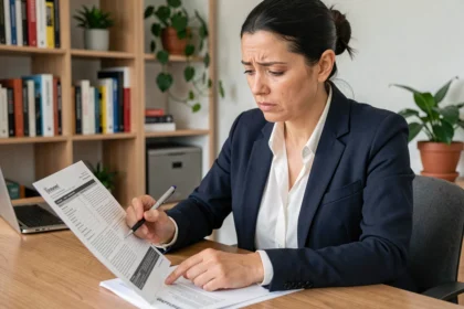Femme hésitant à signer un contrat d'assurance auto à son bureau à domicile