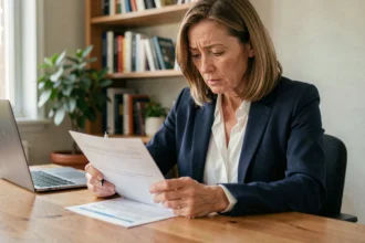 Femme lisant un contrat d'assurance voiture à son bureau avant de le résilier