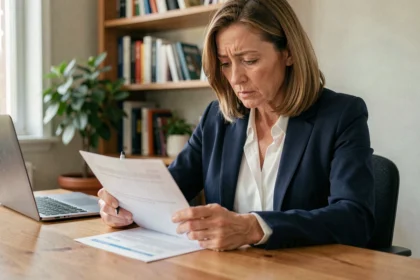 Femme lisant un contrat d'assurance voiture à son bureau avant de le résilier