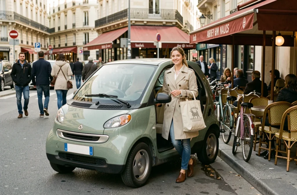 Jeune femme sortant d'une petite voiture sans permis verte dans une rue animée de ville française