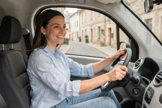 Jeune femme conduisant une voiture sans permis à Blois, souriante au volant d'un quadricycle compact