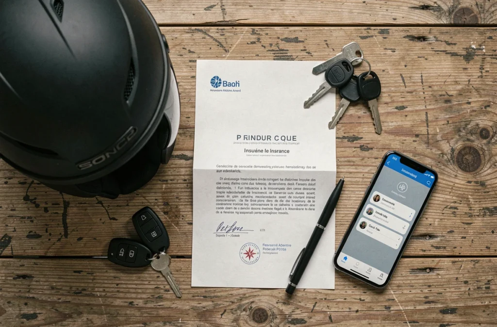 Vue de dessus d'un casque de scooter, d'une attestation d'assurance et de clés sur une table en bois