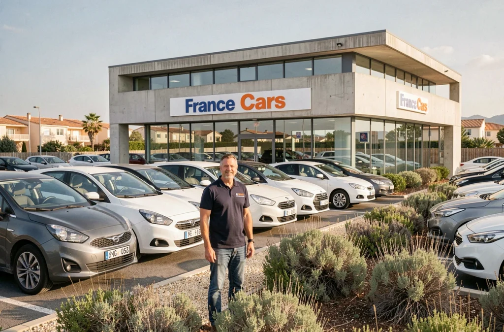Agence France Cars à Saint-Jean-de-Védas avec rangée de véhicules de location devant la façade