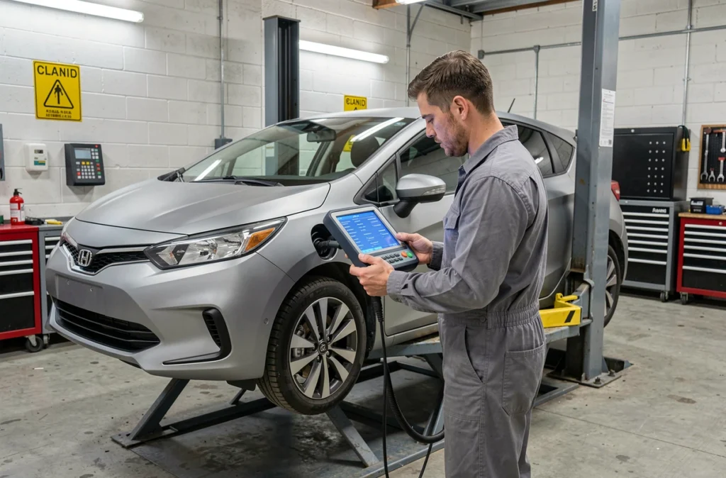 Mécanicien du Garage Auto Evasion 62 à Noyelles-sous-Lens effectuant un diagnostic électronique sur une voiture