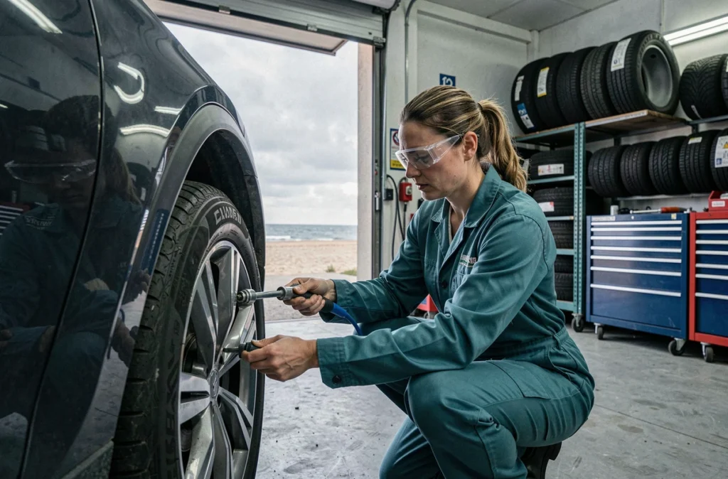 Mécanicienne du Garage de la Jumelle à Boulogne-sur-Mer serrant les boulons de roue d'un SUV avec une clé dynamométrique