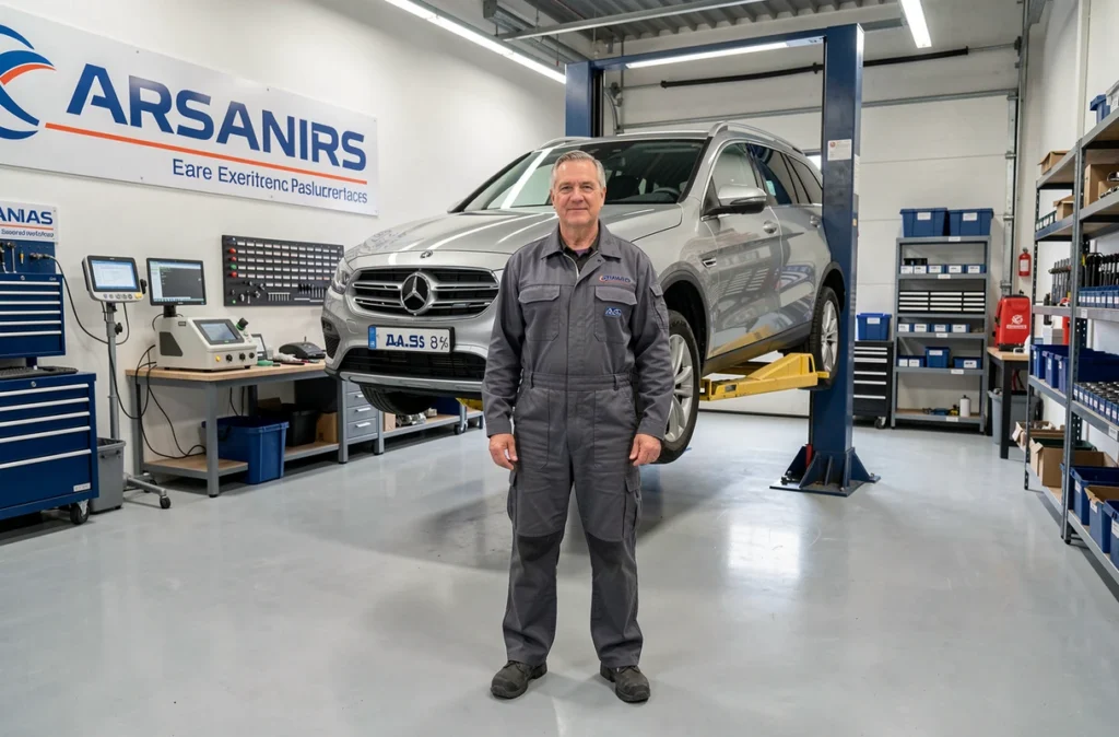 Mécanicien du Garage Demailly à Arras posant devant son atelier propre et organisé après un entretien automobile