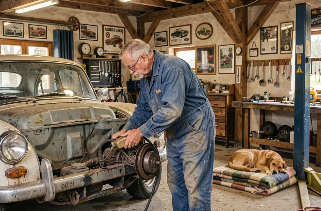 Mécanicien expérimenté du Garage Dufour Alain à Audruicq effectuant une vidange dans un atelier de campagne