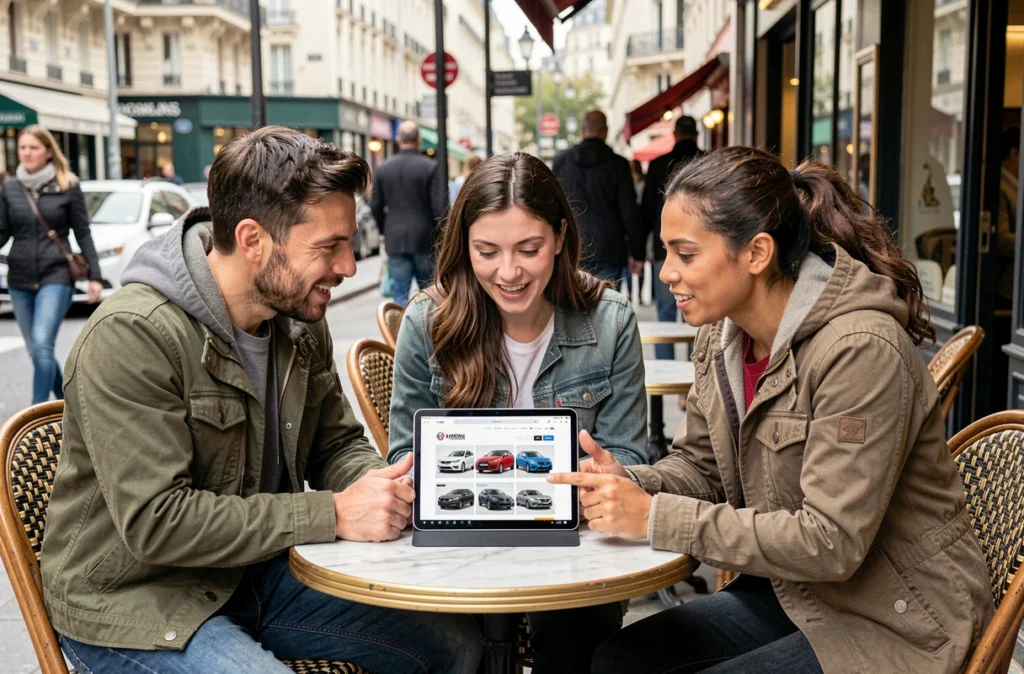 Groupe de personnes discutant des logos de marques automobiles sur une tablette dans un café