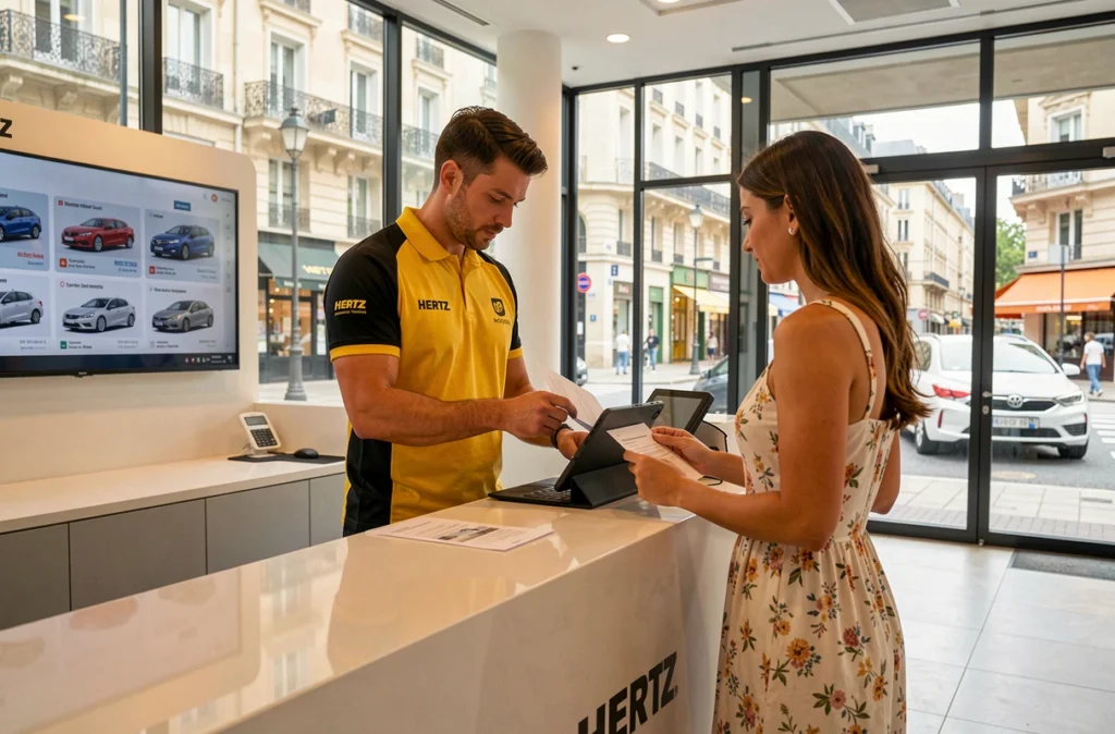 Conseiller Hertz présentant une offre de location sur tablette à une cliente à Montpellier