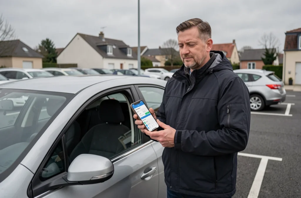 Homme consultant une application de comparaison d'assurance auto près de sa voiture