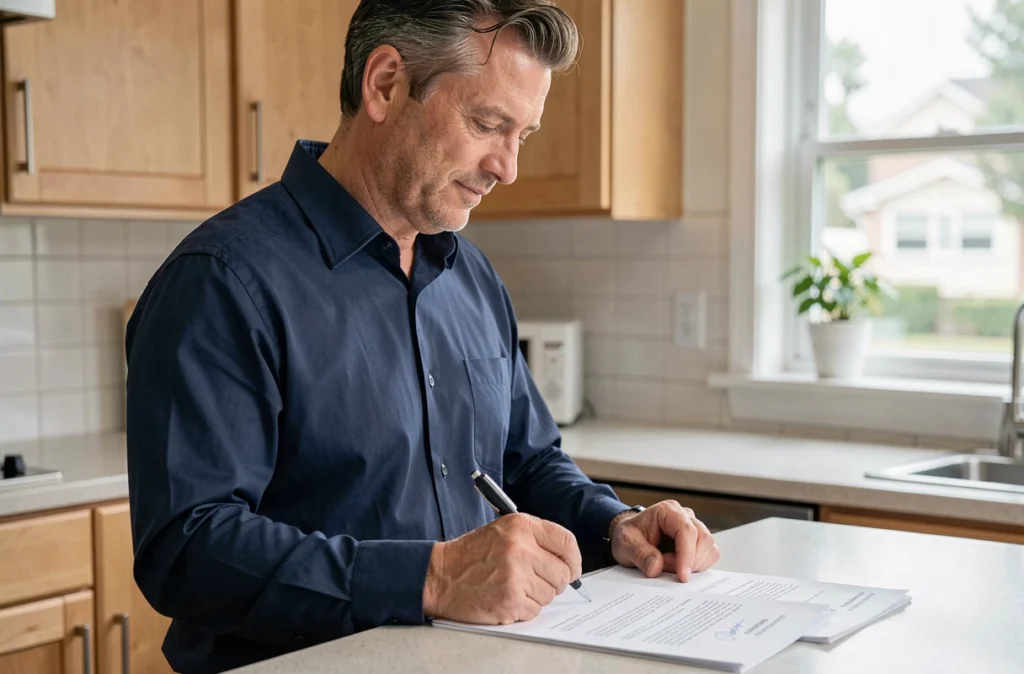 Homme consultant des documents d'assurance scooter pour rédiger une lettre de résiliation dans sa cuisine