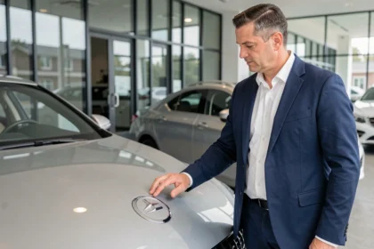 Homme admirant le logo emblème d'une voiture de luxe dans une concession automobile moderne