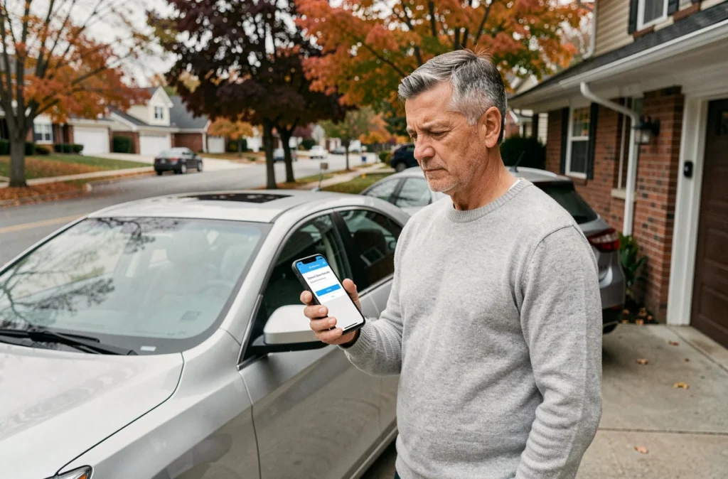 Homme consultant une application d'assurance auto sur smartphone devant sa voiture