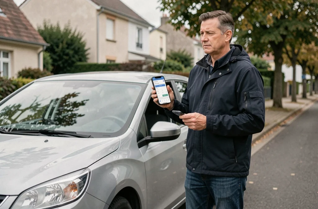 Homme recherchant le prix de son assurance automobile sur smartphone à côté de sa voiture dans une rue résidentielle