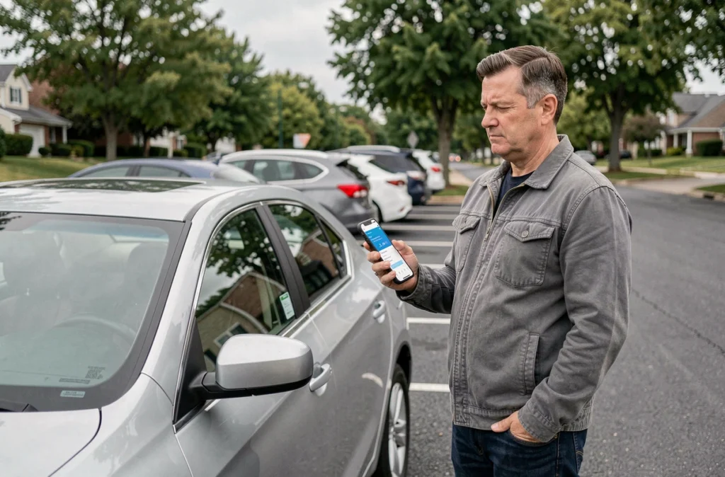 Homme debout près de sa voiture consultant une application d'assurance auto sur smartphone