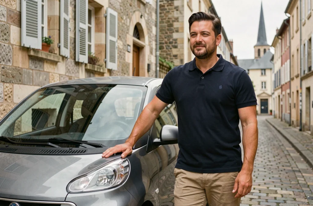 Homme debout à côté d'une voiture sans permis garée sur une rue pavée de Blois