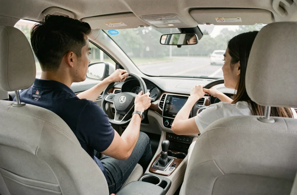 Instructeur de l'auto-école Independence Drive guidant un élève au volant lors d'une leçon de conduite