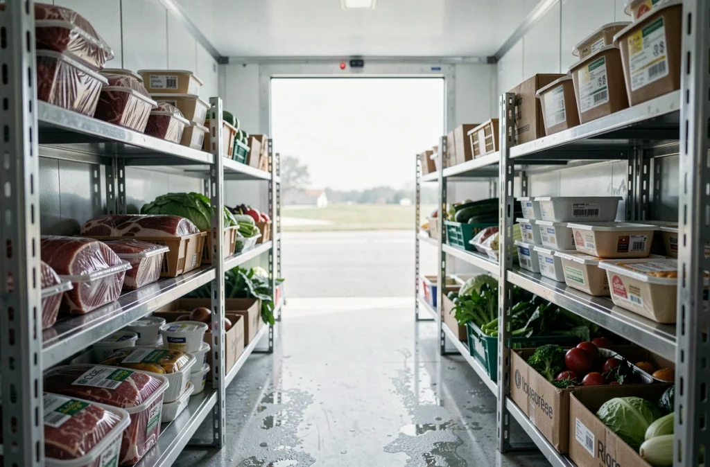 Intérieur d'une remorque frigorifique avec des aliments bien organisés sur des étagères métalliques