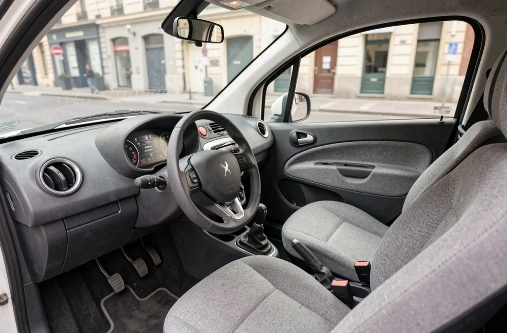 Intérieur et tableau de bord d'une voiture sans permis Peugeot en gris